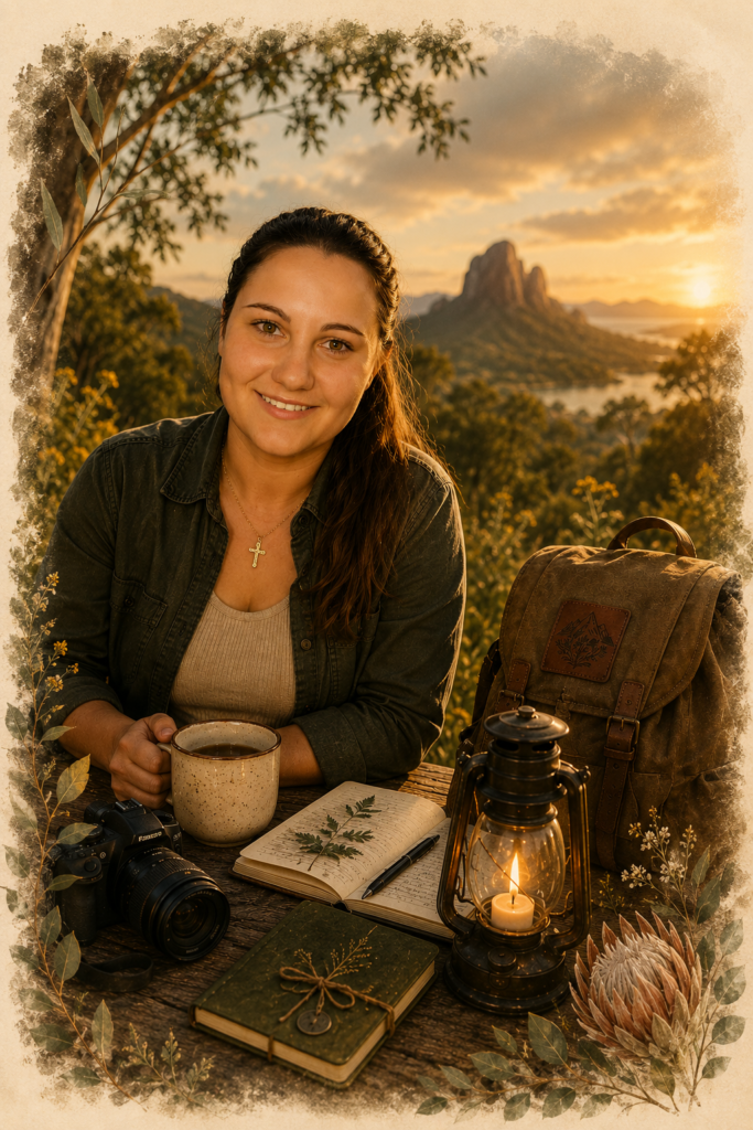 Australian woman in bush setting with camera and journal