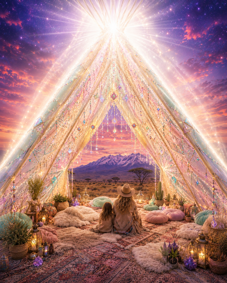 woman and child sitting in rainbow teepee overlooking the savannah with light radiating from Heaven