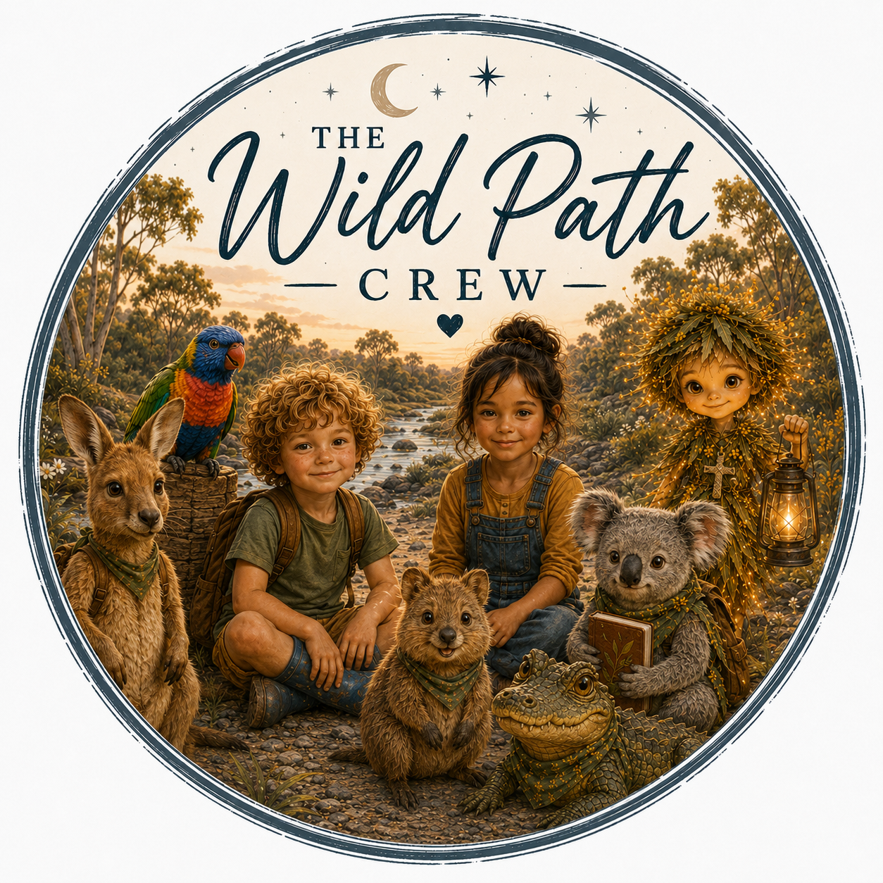 The Wild Path Crew logo featuring Australian wildlife and two children adventurers