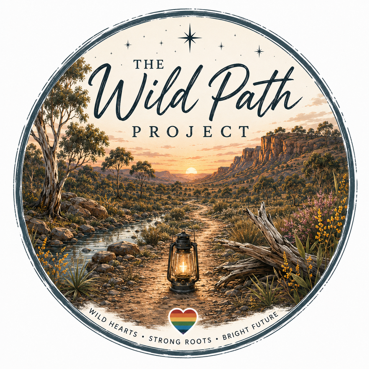 a mountain path with a lantern and driftwood. there is an LGBTQ heart in the middle and a sunset with a cross in the flame of the lantern